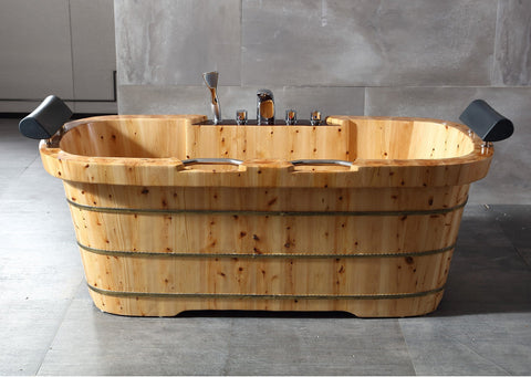 Image of ALFI brand AB1130 65" 2 Person Free Standing Cedar Wooden Bathtub with Fixtures & Headrests