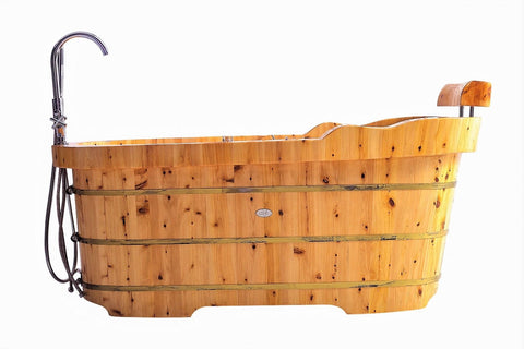 Image of ALFI brand AB1139 61" Free Standing Cedar Wooden Bathtub with Fixtures & Headrest