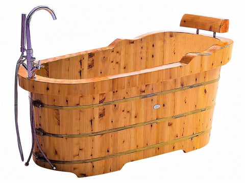 Image of ALFI brand AB1139 61" Free Standing Cedar Wooden Bathtub with Fixtures & Headrest