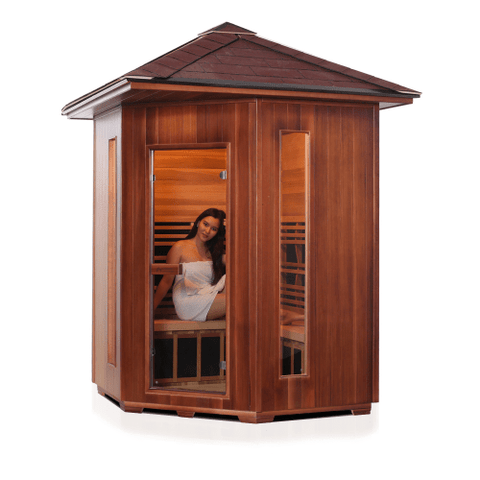 Image of Enlighten Rustic 4-Person Corner Peak Roof Full Spectrum Infrared Indoor Sauna