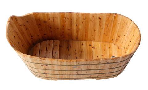 Image of ALFI brand AB1103 59 Inch Free Standing Cedar Wood Bathtub with Bench